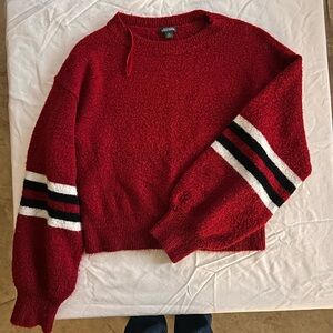 Red Sweater with Striped Sleeves
